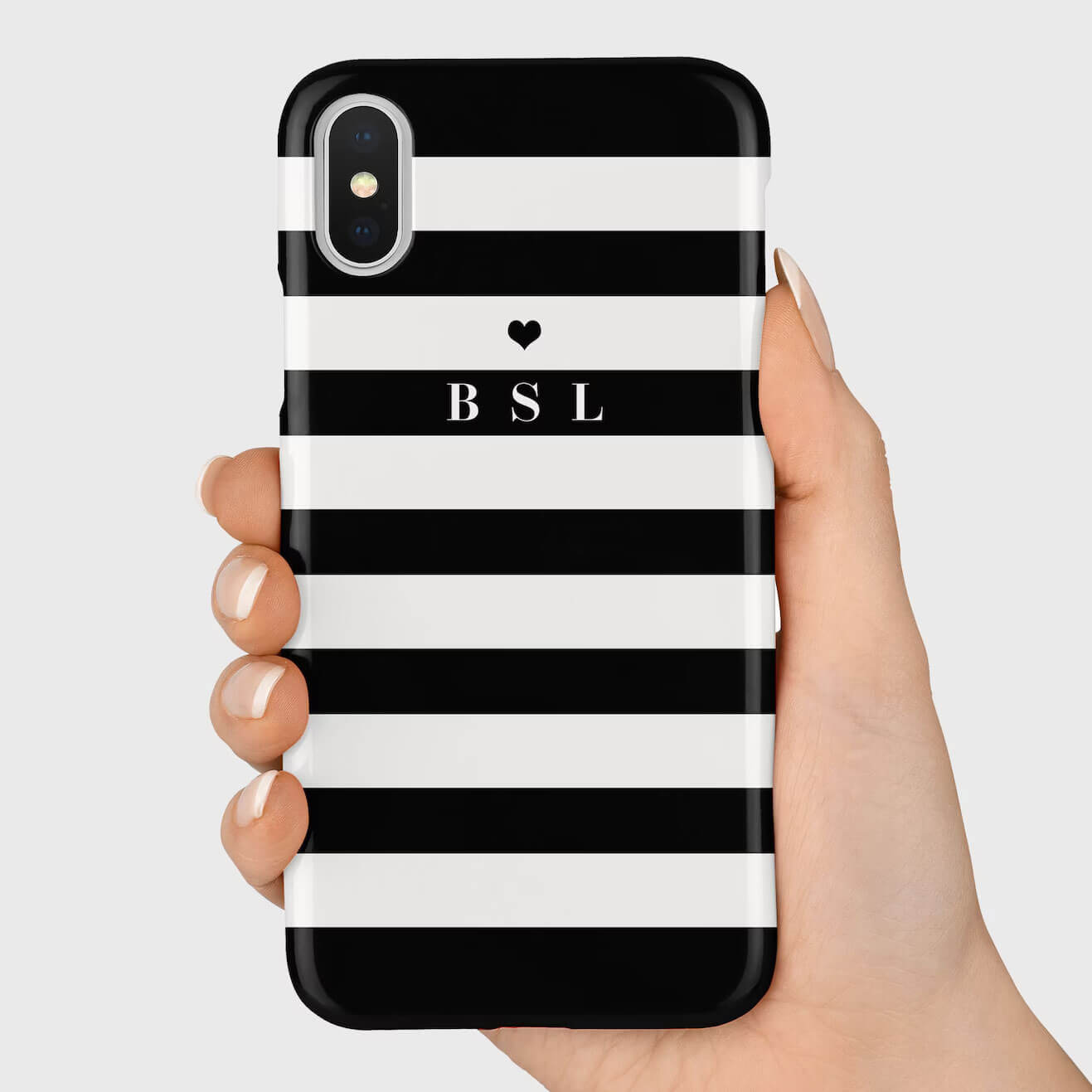 Wrappz black and white horizontal phone case with a custom icon and initials.