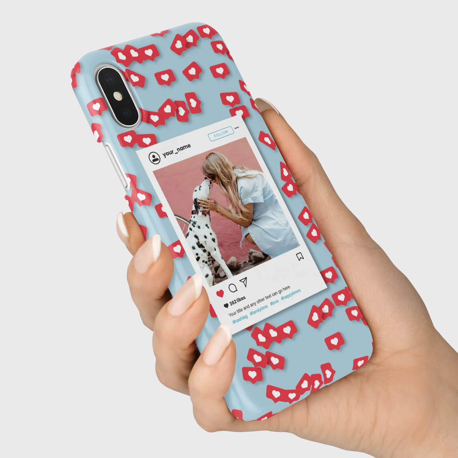 Wrappz phone case with an Instagram post feature on a ‘like’ emoji background.