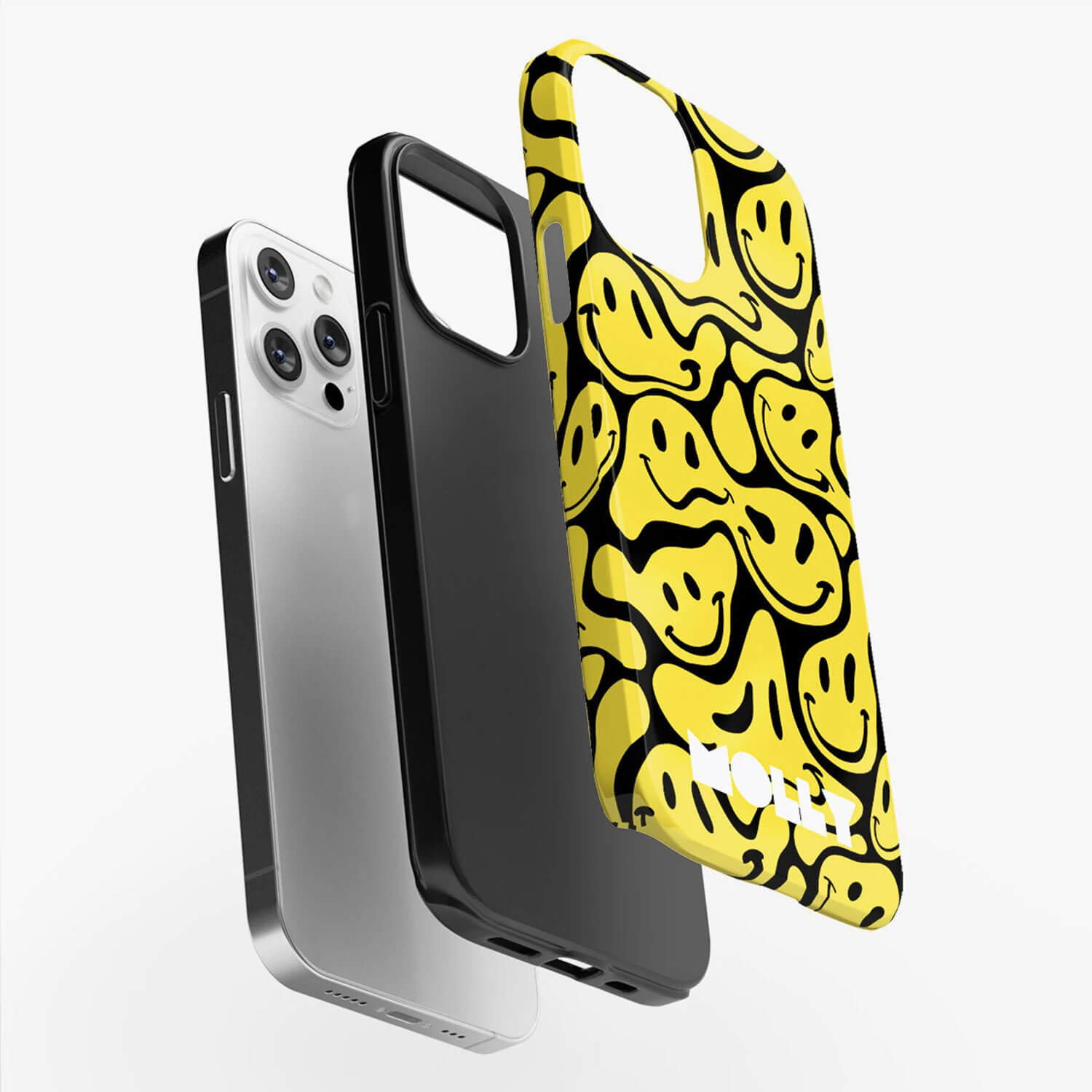 Wrappz phone case with a pattern of melted yellow smiley faces on a black background with a personalised name in white.